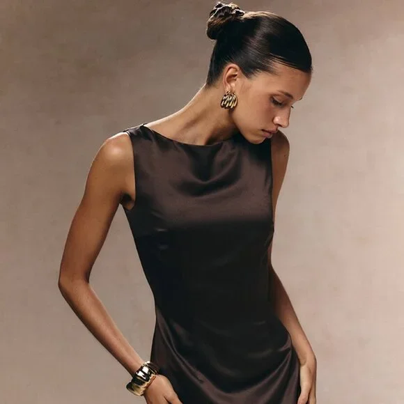 PrettyLittleThing Dresses Dark Taupe Satin Boat Neck Fishtail